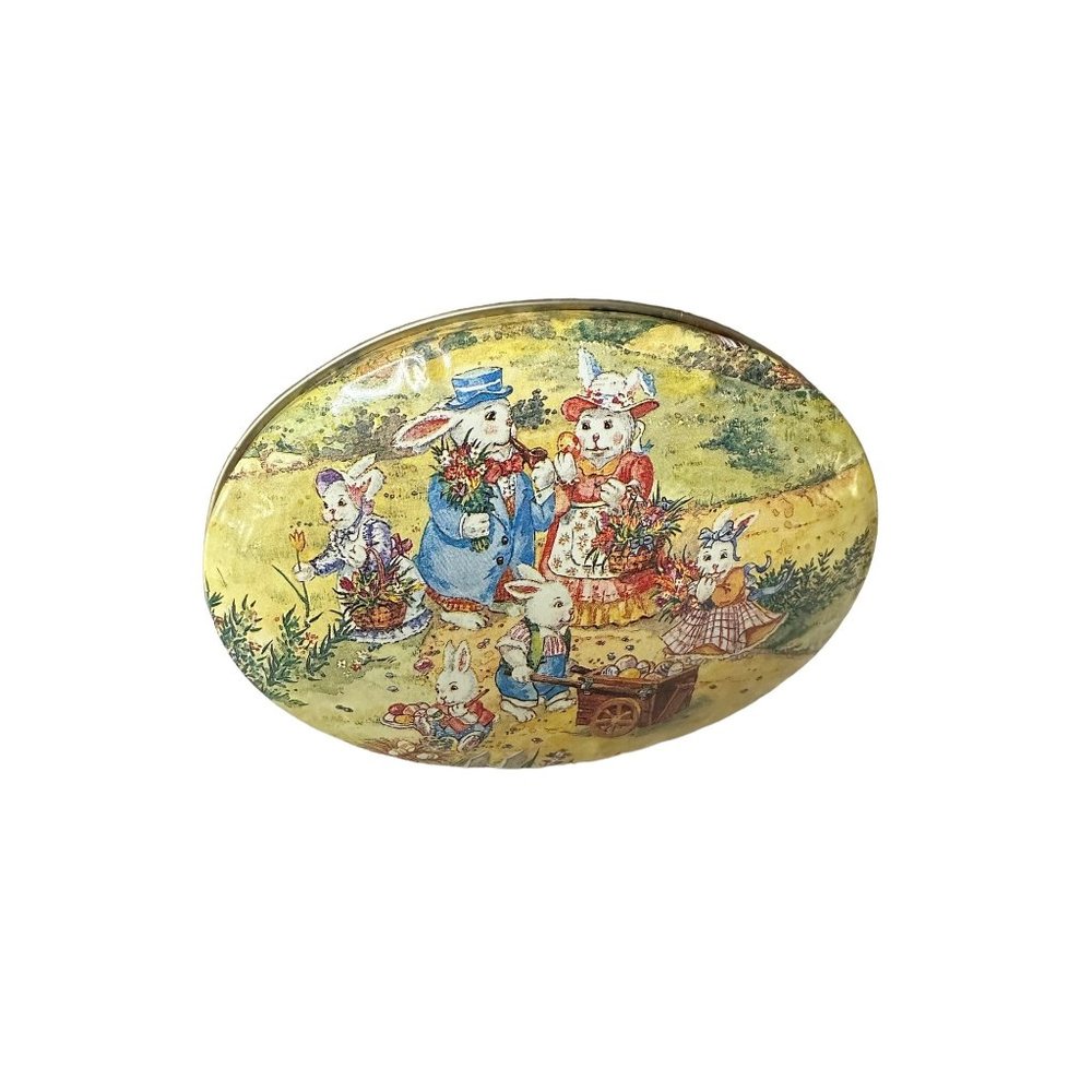 Easter egg shaped metal tin Vintage small bunny rabbits gardening